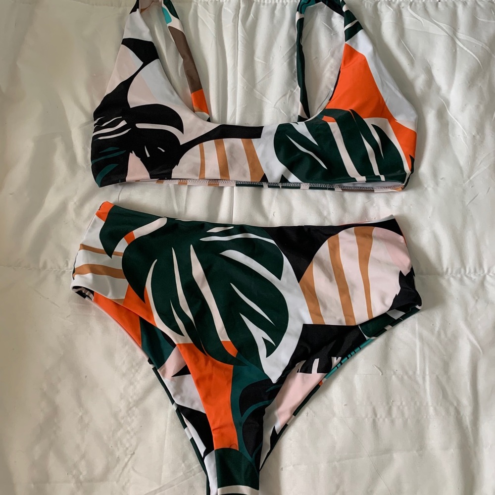monstera plant boho print swimsuit
